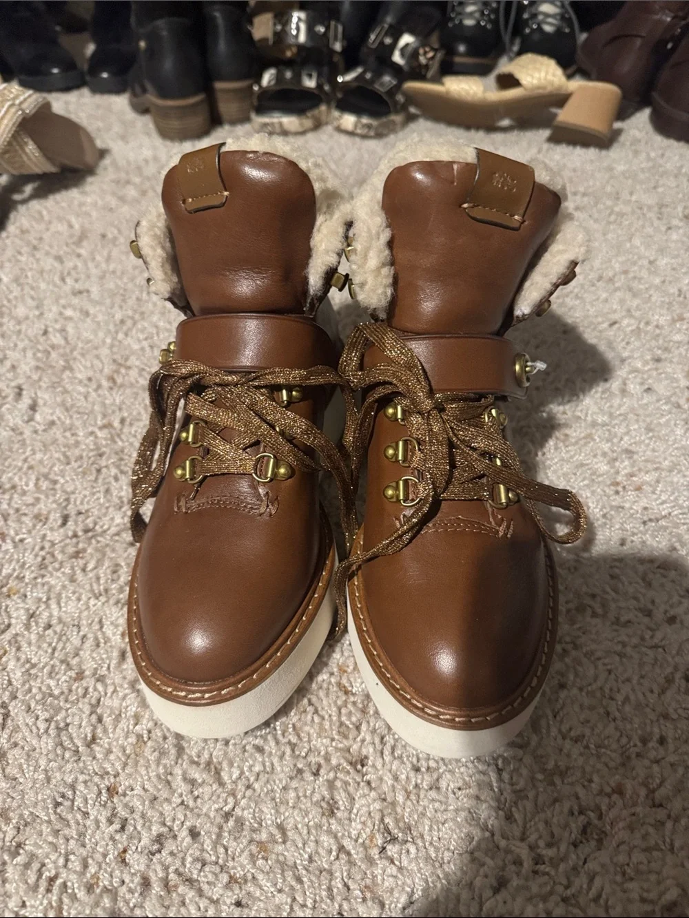 Coach Brown Shearling-Trim Winter Boots with White Sole